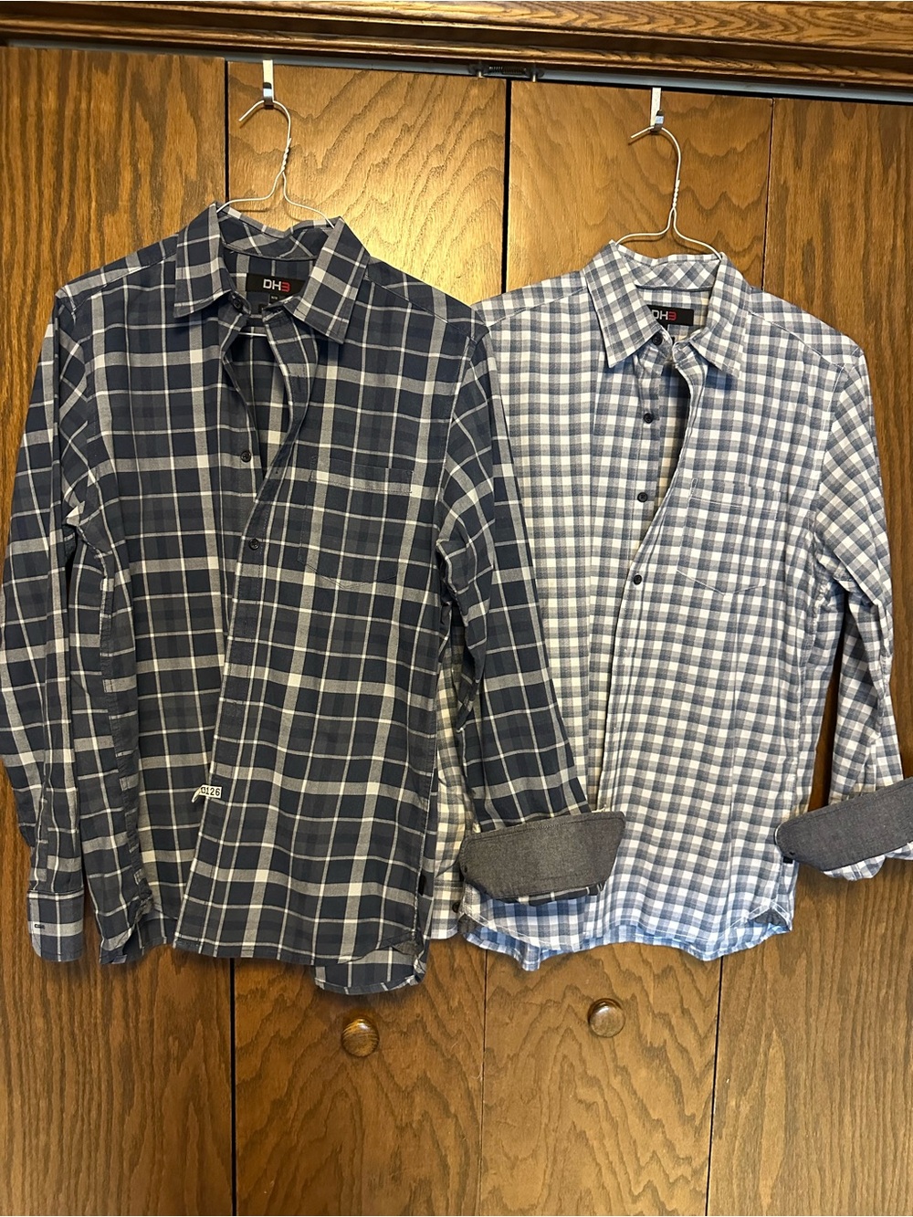 EBUC TWO (2) MENS 100% COTTON BLUE PLAID LONG SLEEVE DH3 MODERN FIT SHIRTS